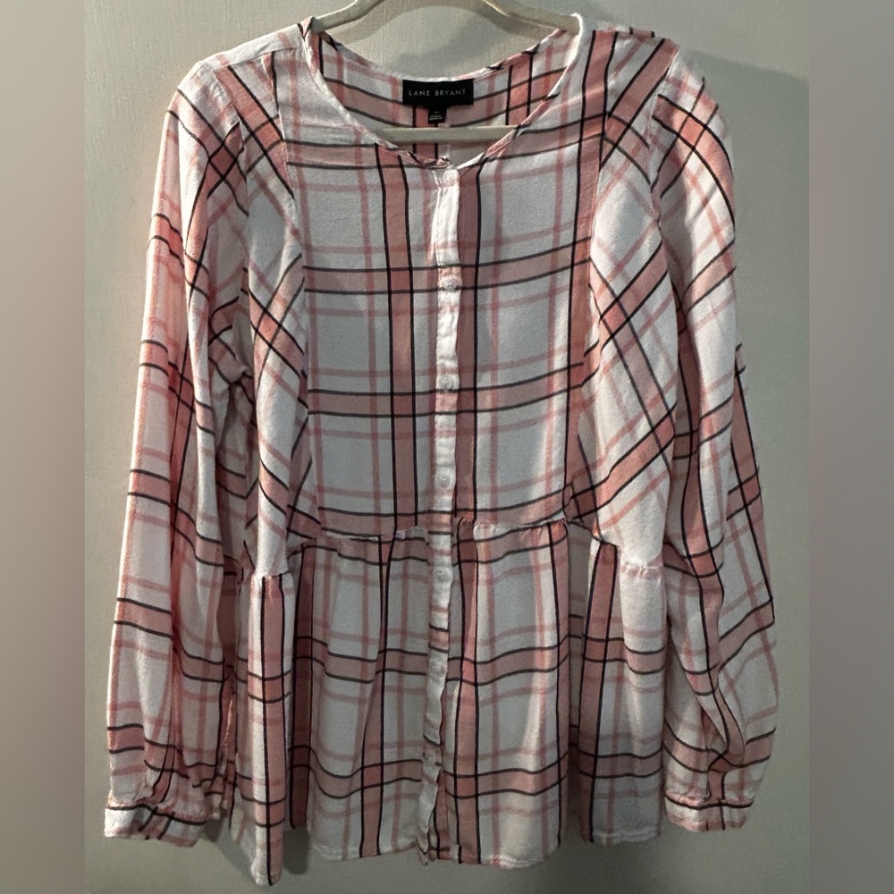 Lane Bryant Women's Pink and White Plaid Button Down Shirt Size 14